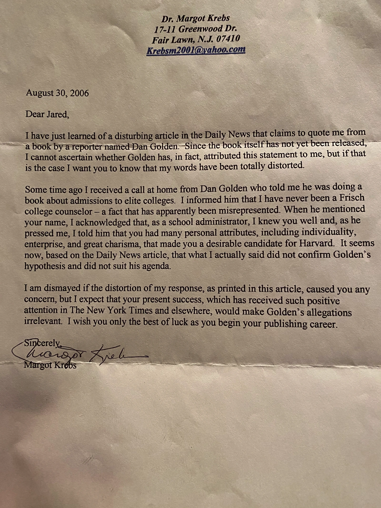 Signed letter from Margot Krebs to Jared Kushner, dated August 30, 2006.